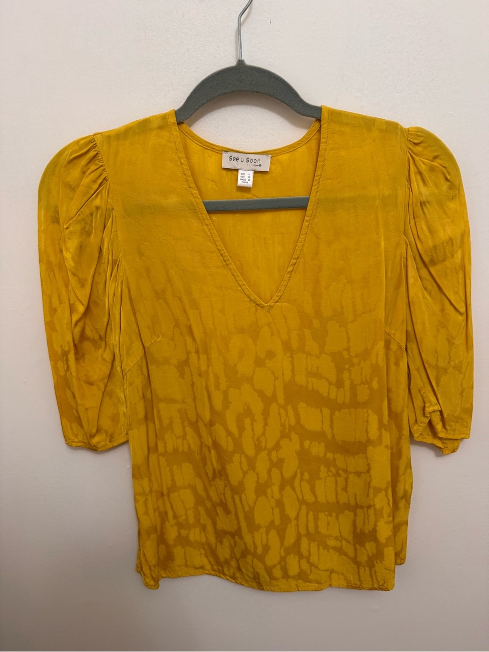 See U Soon Mustard V-Neck Puff Sleeve Blouse